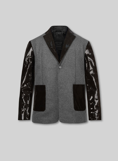 Vintage Plain Dark Gray Tweed Leather Combo Blazer # 652