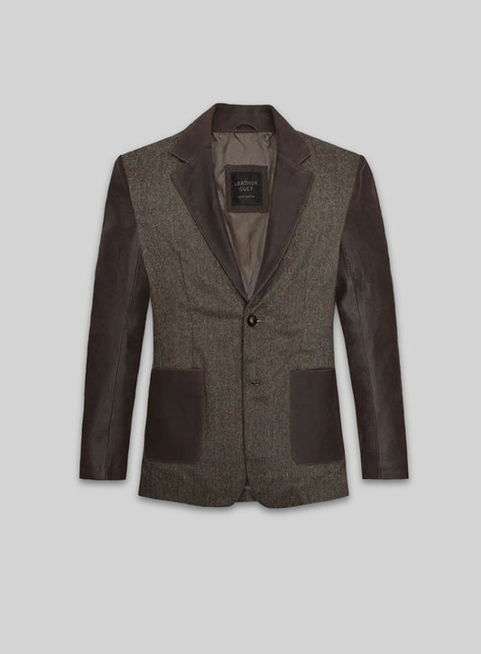 Vintage Dark Brown Herringbone Tweed Leather Combo Blazer # 652