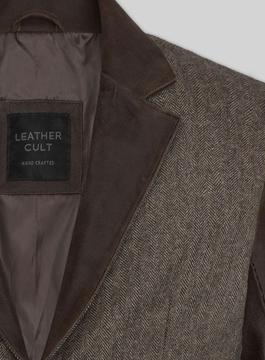 Vintage Dark Brown Herringbone Tweed Leather Combo Blazer # 652