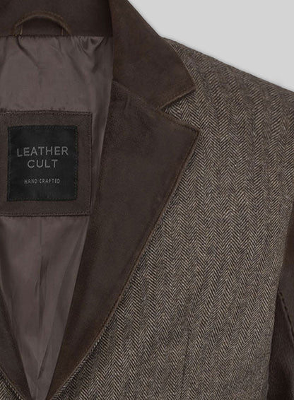 Vintage Dark Brown Herringbone Tweed Leather Combo Blazer # 652