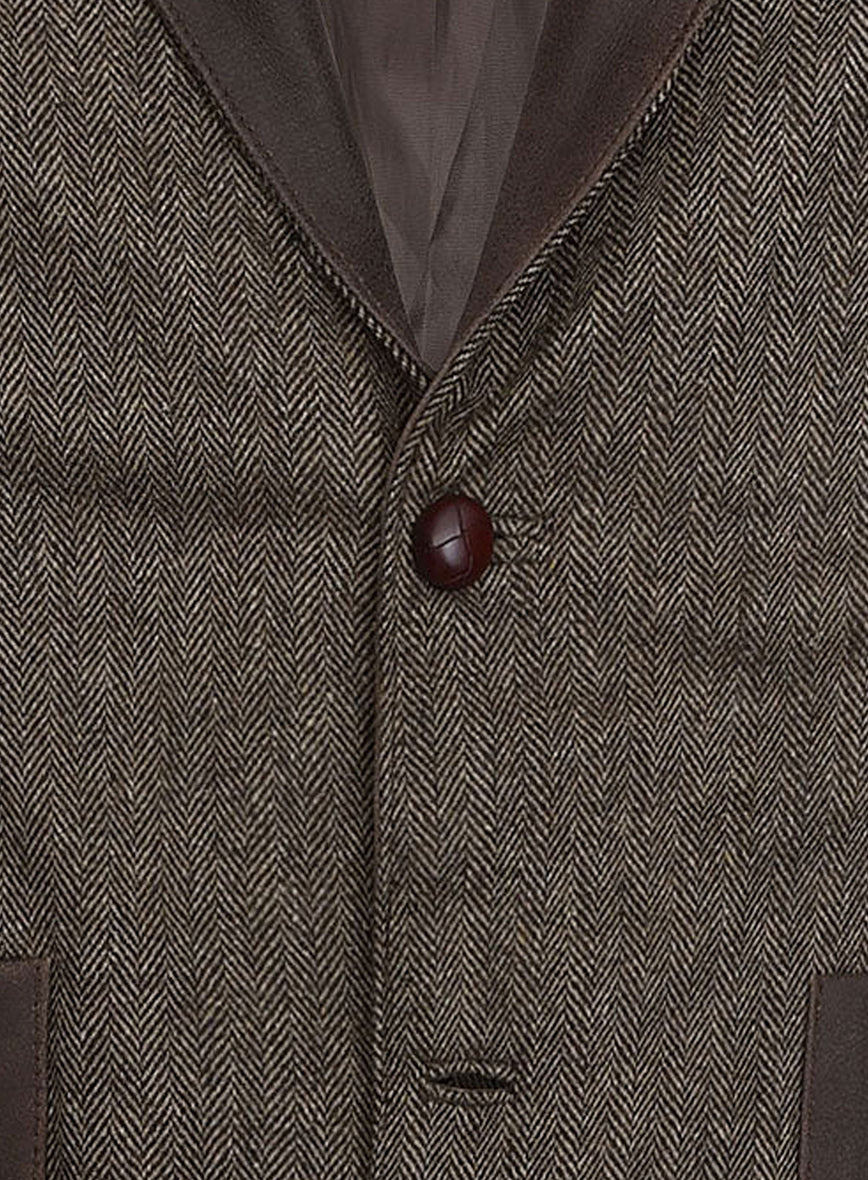 Vintage Dark Brown Herringbone Tweed Leather Combo Blazer # 652