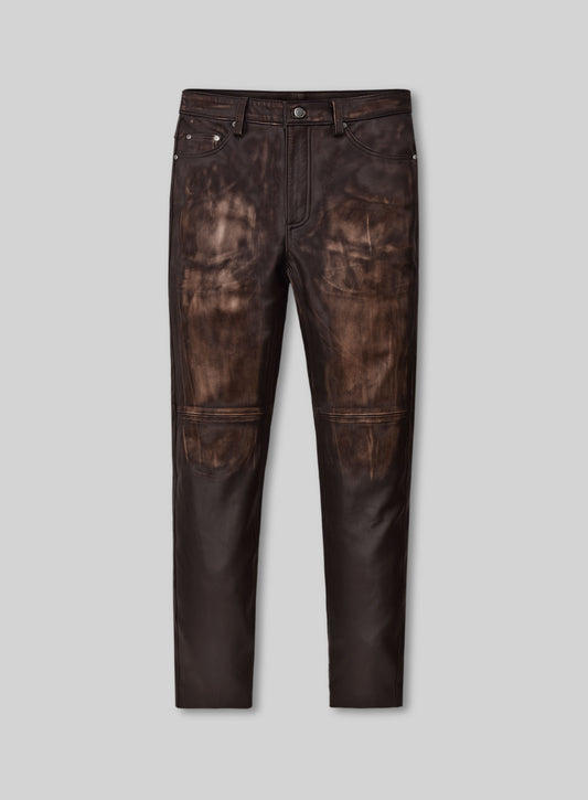 Vintage Distressed Rubbed Dark Brown Leather Jeans