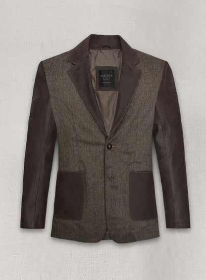 Vintage Dark Brown Herringbone Tweed Leather Combo Blazer # 652 - LeatherCult