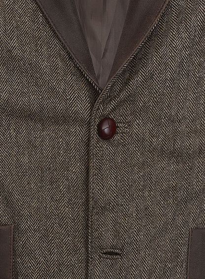 Vintage Dark Brown Herringbone Tweed Leather Combo Blazer # 652 - LeatherCult