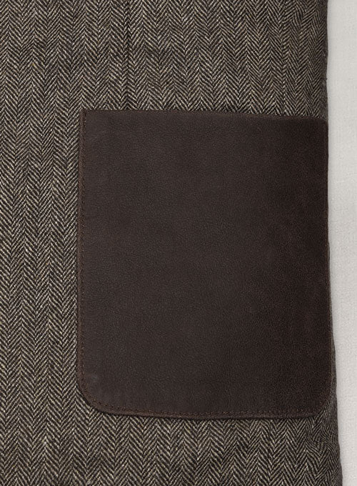Vintage Dark Brown Herringbone Tweed Leather Combo Blazer # 652 - LeatherCult