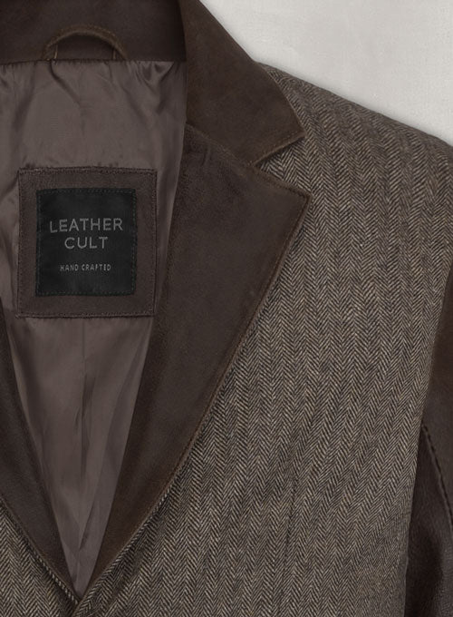 Vintage Dark Brown Herringbone Tweed Leather Combo Blazer # 652 - LeatherCult