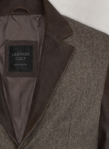 Vintage Dark Brown Herringbone Tweed Leather Combo Blazer # 652 - LeatherCult