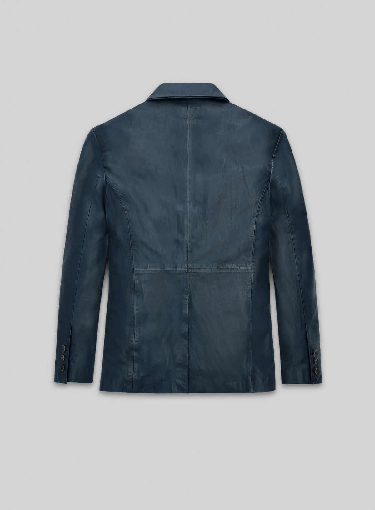 Back view of a blue washed lambskin leather blazer with cuff buttons