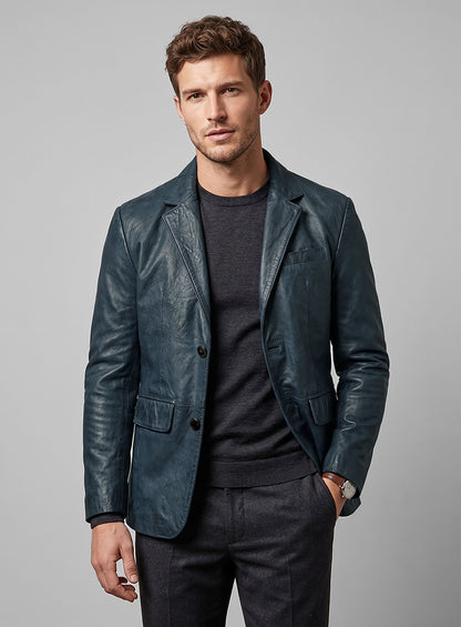 Man wearing a blue washed lambskin leather blazer, front view