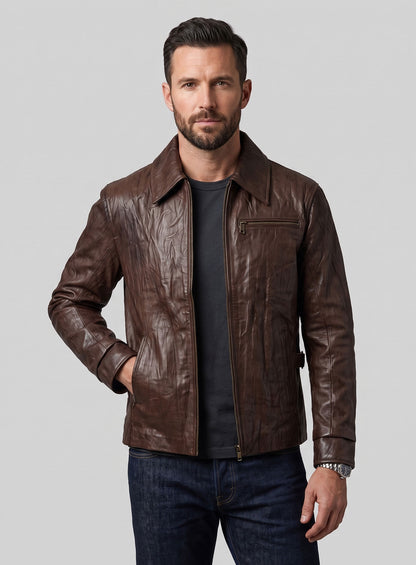 Wrinkled Brown Bruce Willis Surrogates Leather Jacket