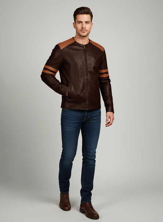 Wrinkled Brown Leather Fighter T-Shirt Jacket
