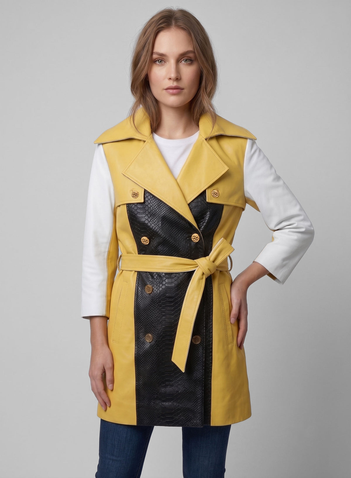 Yellow Color Contrast Leather Trench Coat