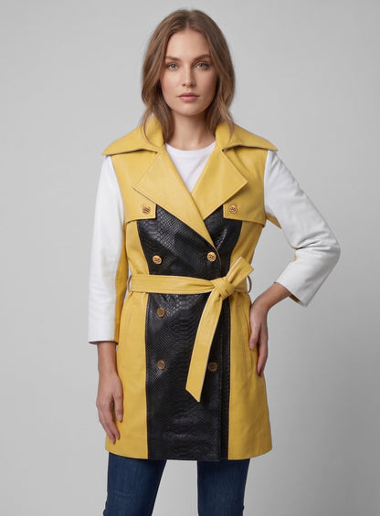 Yellow Color Contrast Leather Trench Coat