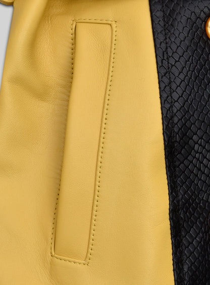 Yellow Color Contrast Leather Trench Coat