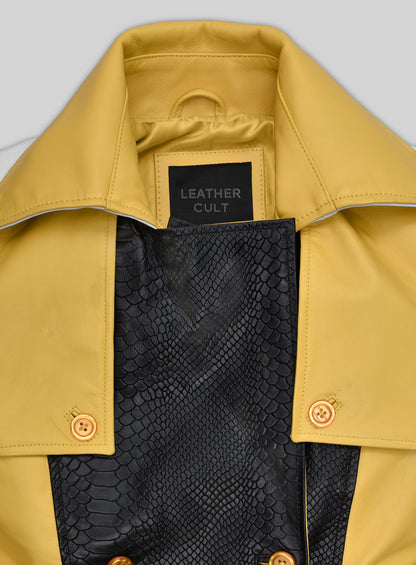 Yellow Color Contrast Leather Trench Coat