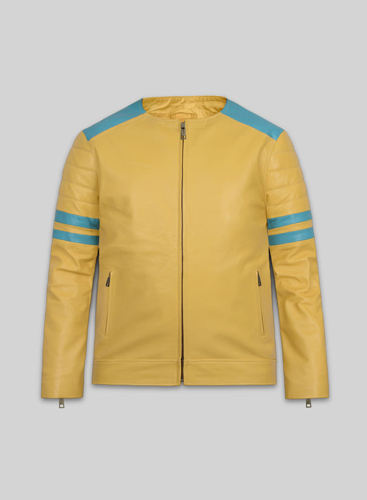Front view of a yellow collarless leather jacket with blue shoulders and sleeve stripes