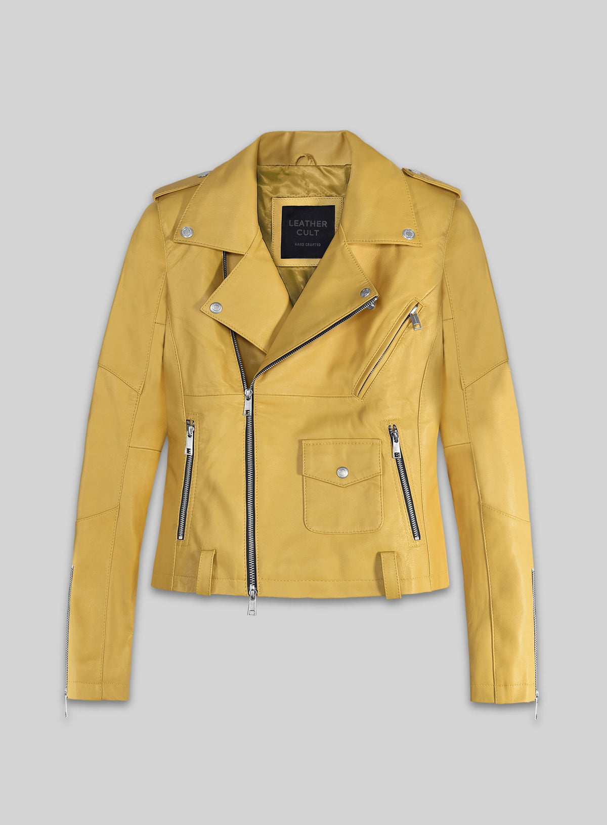 Front view of a women's yellow leather biker jacket with asymmetric zip and flap pocket
