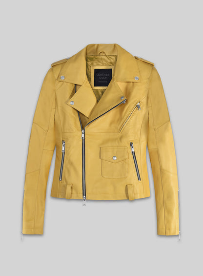 Front view of a women's yellow leather biker jacket with asymmetric zip and flap pocket