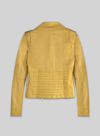 Back view of a yellow leather biker jacket with quilted lower back panel