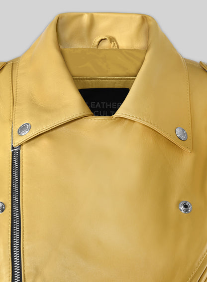 Close-up of a yellow leather biker jacket collar with silver snaps, asymmetric zipper and Leather Cult label