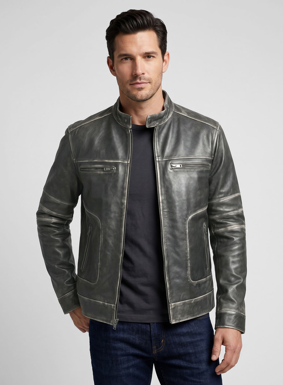 Zen Rubbed Charcoal Leather Jacket