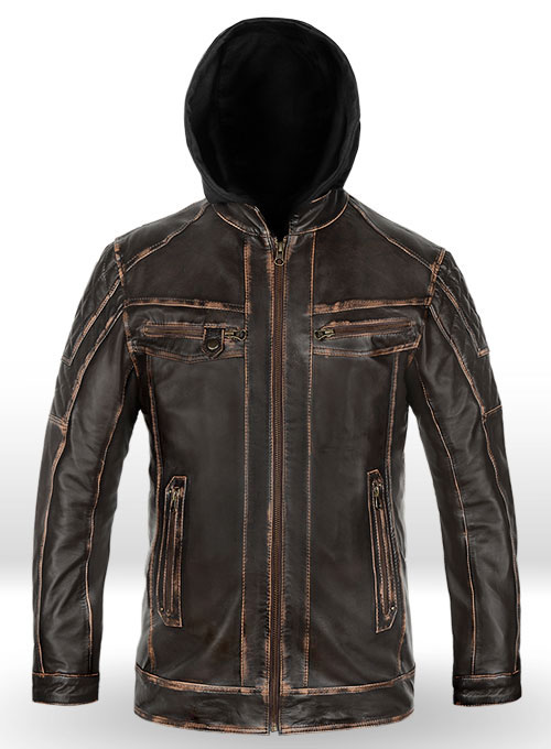 (image for) Retro Leather Jacket with Hoodie - Click Image to Close